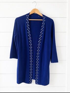 Grommet -Trim Open Front Cardigan Sweater in Cobalt Blue L